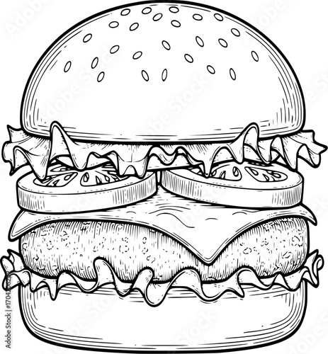 burger engraving black and white outline