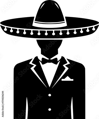 Man wearing a sombrero and suit with bow tie, in black and white vector illustration style
