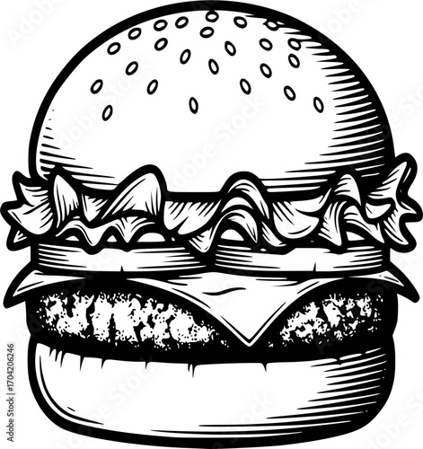 burger engraving black and white outline