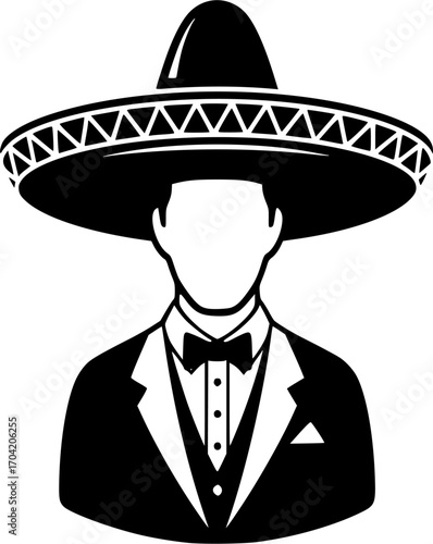 Man wearing a sombrero and suit with bow tie, in black and white vector illustration style