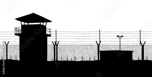 Black silhouette of jail exterior with Prison fence
