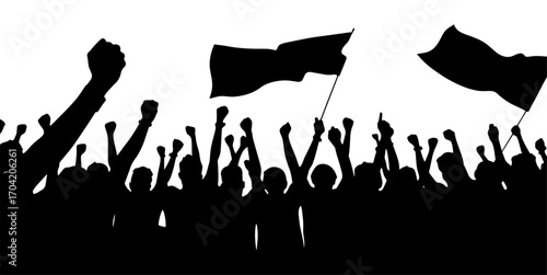 Protest crowd silhouette with flags