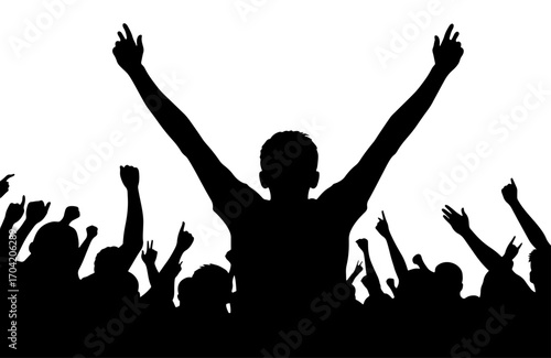 Silhouetted crowd with celebratory mood raising arms