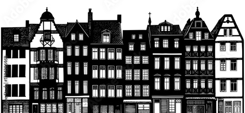 Row of European buildings in a black and white woodblock style representing an old town cityscape