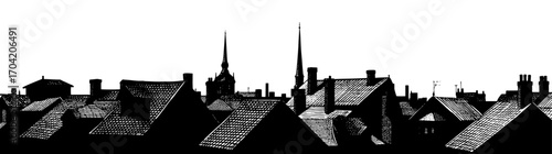 City rooftops in a black and white woodcut style