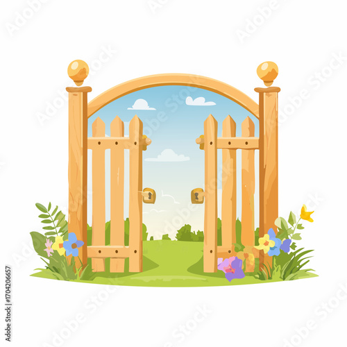 Charming Garden Gate Illustration with Flowers and a Sunny View