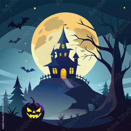 Spooky halloween night scene with silhouettes