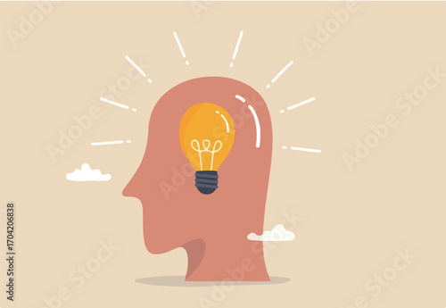 Wisdom, education or philosophy, knowledge and learning, understanding or intuition, critical thinking or creativity, study concept, human head with bright lightbulb metaphor of wisdom and education.