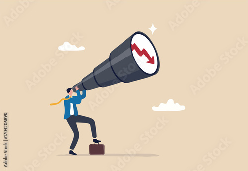 Economic forecast downturn, vision to see recession, stock market crisis or financial failure, inflation going down concept, businessman look on telescope falling down red arrow graph in the future.