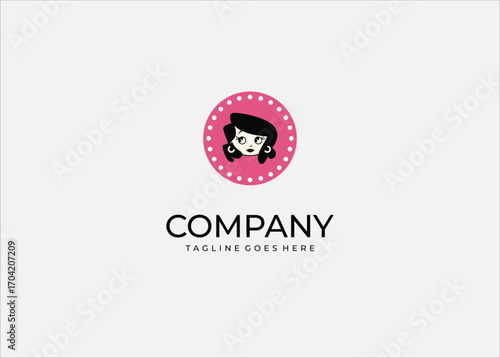 A playful retro girl illustration with bold black hair, hoop earrings, and expressive eyes inside a dotted pink circle. Perfect for fashion, beauty and cosmetics.