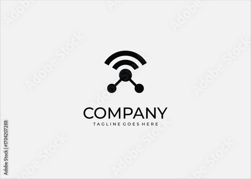 A minimalist monotone vector logo combining WiFi signal waves with a connected share node design. This abstract symbol represents wireless communication, internet sharing and connectivity.