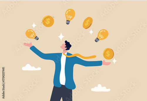 Idea to make money, entrepreneur to invent and make profit from new idea, investing strategy or creativity to earn money concept, businessman entrepreneur juggling lightbulb and money dollar coin.