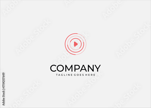Abstract play button logo with concentric circular digital waves. Modern red vector design symbolizing multimedia, streaming, audio, video, podcast, online media, and technology.