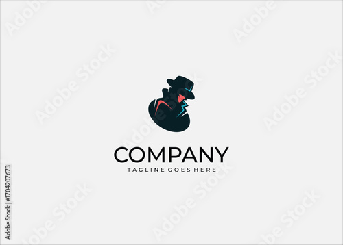 Minimalist detective silhouette logo with hat and mysterious style. Vector illustration of secret agent, spy, hacker, or undercover character in dark modern colors. 