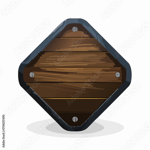 Dark Wood Signboard Illustration with Decorative Metal Frame, Diamond Shape Design
