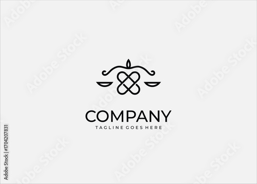 Abstract minimalist line art logo symbolizing balance, justice, harmony, and spiritual enlightenment. Combination of scales of justice, heart infinity knot, and flame/leaf element.