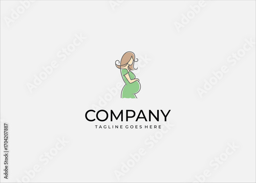 Vector illustration of a pregnant woman in simple flat design style. Abstract outline of expecting mother with green maternity dress, soft pastel colors, and feminine style.