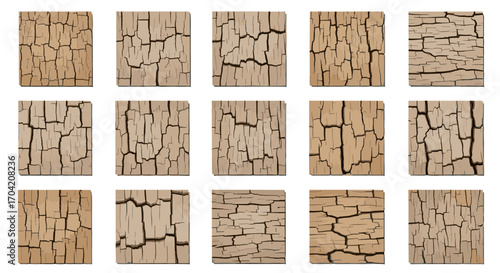 Fifteen rectangular blocks with cracked and textured surface patterns
