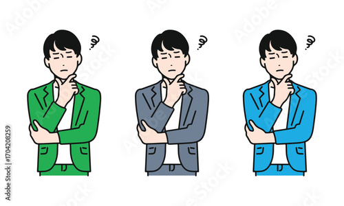 考え事をするジャケットを着た若い男性のイラスト素材  ベクター (Illustration material of a young man wearing a jacket thinking). vector illustration eps file.