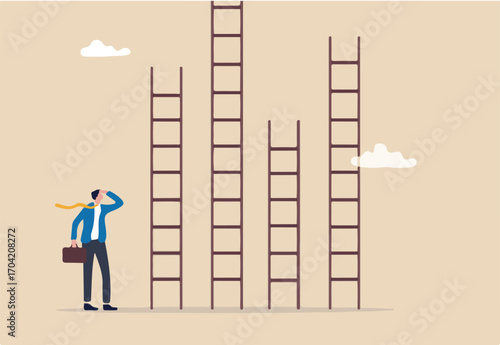 Choosing success ladder, difference career path, opportunity or various choices, challenge to choose best option, climb up ladder of success concept, businessman thinking to choose the right ladder.