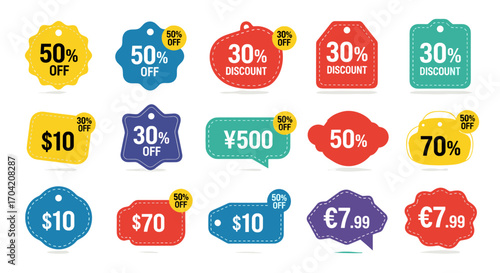 Illustration of various discount tags with different percentages and prices