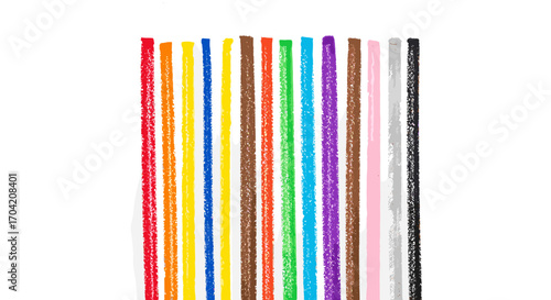 A collection of colorful crayon sticks arranged vertically on white space