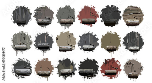 Collection of paint rollers with various colors and dripping paint marks