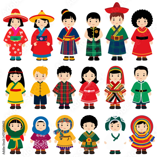 Illustrated cartoon people wearing diverse traditional costumes, representing global cultures in colorful, charming chibi characters.