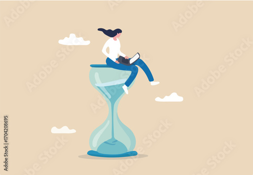 Working with time count down, project deadline or time management, urgent work, productivity or work efficiency concept, businesswoman working with computer laptop on time passing sandglass. 