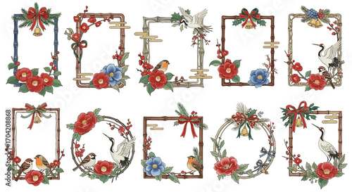Collection of decorative frames with flowers birds and festive bells