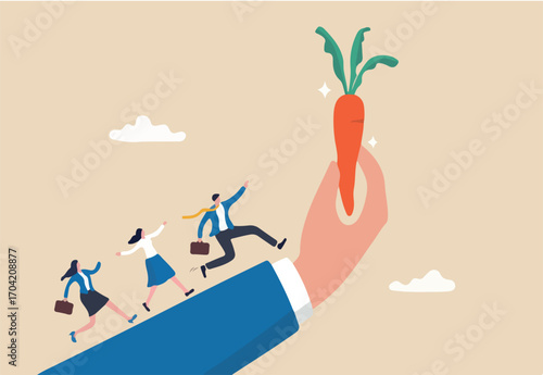 Incentive, reward or bonus to motivate employee on hard working to reach success, company benefit, job promotion or employee program concept, business people run on giant hand to grab carrot stick