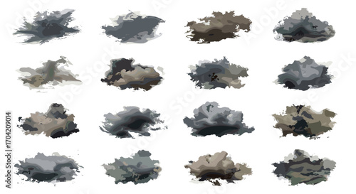 A grid of sixteen watercolor style cloud illustrations on white background