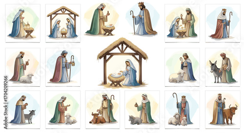 Illustrations of the nativity scene with mary joseph and baby jesus art