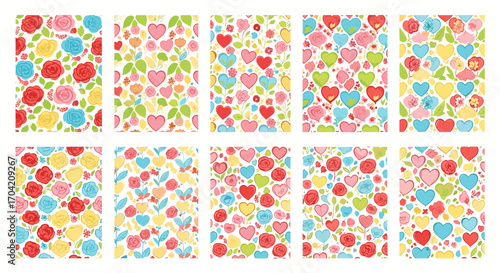Ten vertical panels showing a repeating pattern of hearts and flowers