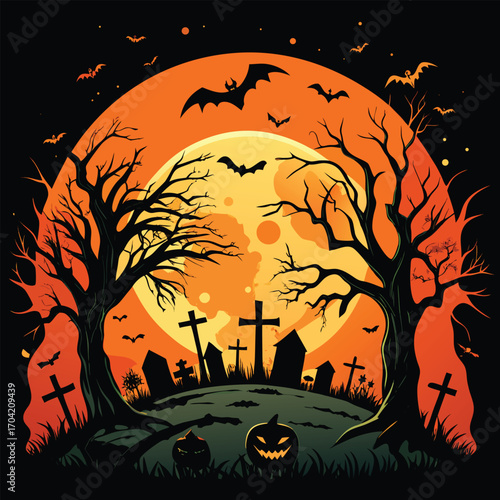 Stylized halloween graveyard scene with spooky elements