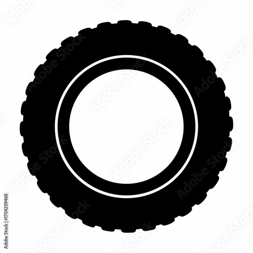 Black and white illustration of a single car tire with treads