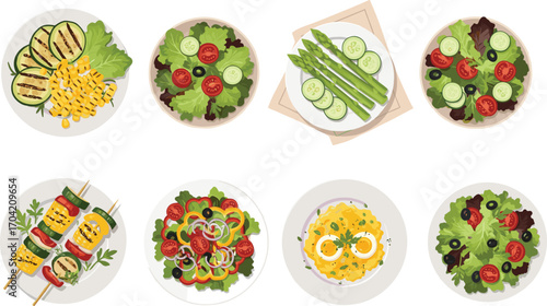 Healthy vegetable salads with fresh ingredients, grilled vegetables, eggs, olives, colorful plates, flat design, vector art, CAD drawing healthy food illustration