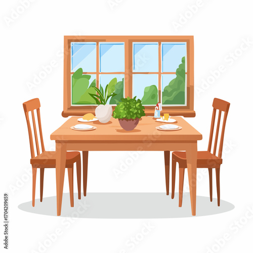 A comfortable dining area with a wooden table prepared for two, situated before a window with a view of lush greenery