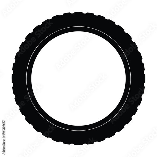 A circular black and white silhouette of a tire with tread pattern