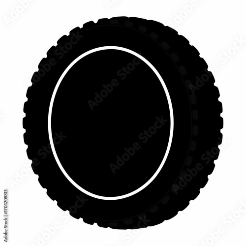 A stark monochrome depiction of a vehicle tire with detailed treads