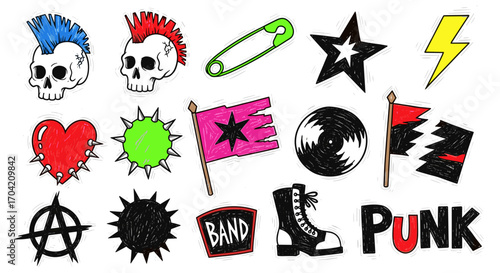 Collection of punk rock themed doodles featuring skulls and symbols