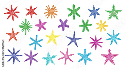 A collection of colorful hand drawn stars scattered on a white surface