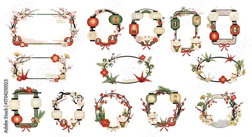 Collection of decorative frames with japanese elements and decorations