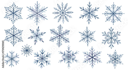 Collection of fifteen watercolor snowflakes in varying shapes and sizes