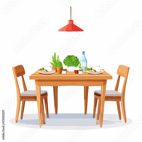 A beautifully served wooden dining table with chairs for two, featuring healthy food and plants in a cozy home setting illustration