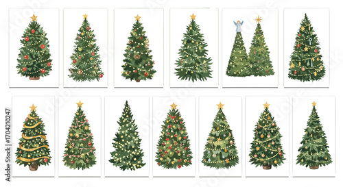 Collection of christmas trees decorated with stars and ornaments shown
