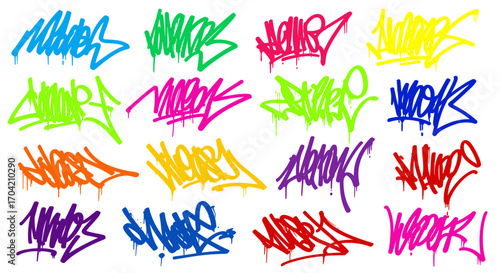 Collection of colorful graffiti tags with drip effect on white background