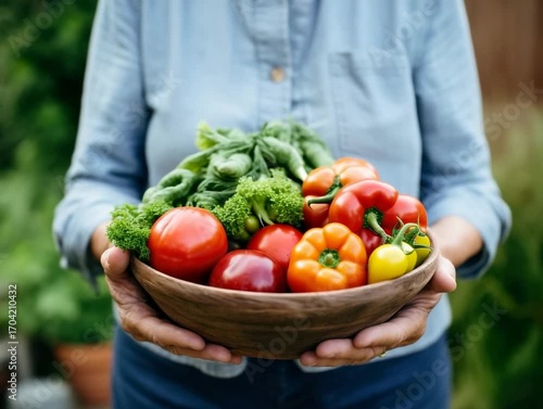 Freshly harvested vegetables displayed by a person in a garden during daylight hours