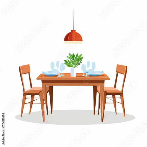 Dining Table Setting with Plates, Glasses, and Green Plant Under a Red Lamp