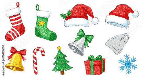 Illustration of christmas themed objects including stockings and hats